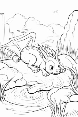 a dragon sleeping in a field near a stream