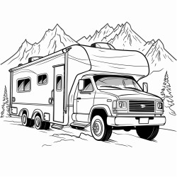 a camper towed by a truck with mountains in the background
