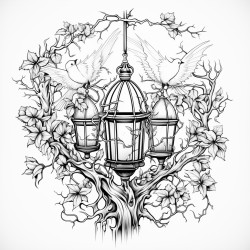 a gothic lantern hanging from a twisted tree branch with bats flying in the background