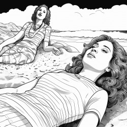 coloring page black and white body positive ladies lying on the sandy beach