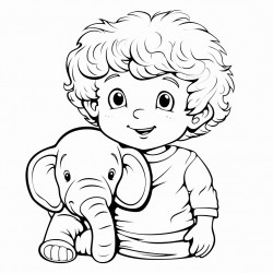 curly brown haired boy with his stuffed elephant
