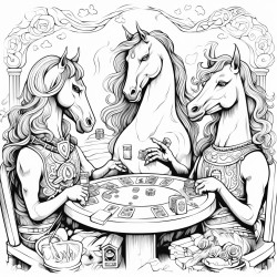 a unicorn a mermaid a centaur and an alien are all playing a serious poker game together the room surrounding them is large with intricate wallpaper and strange pictures on the walls