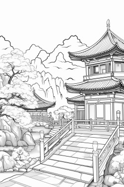 beautiful asian culture scenes for relaxation and zen with only outlines