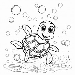 happy little sea turtle swimming among bubbles