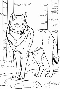 red wolf standing alert in a wooded area showcasing its reddishbrown fur and piercing eyes surrounded by pine trees