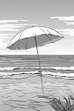 a spacious beach scene with a large umbrella and big waves