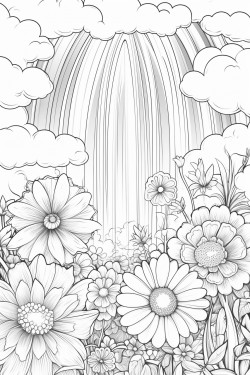 a rainbow with flowers and sunshine