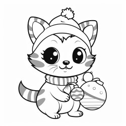 a cute cat  dressed in christmas clothes playing with a christmas decoration ball under the christmas tree