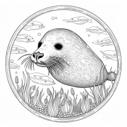 a harbour seal swimming with fish