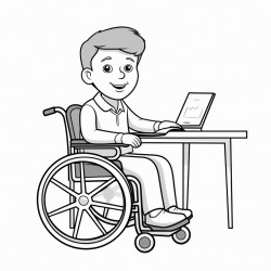 a little boy in a wheelchair working an it job