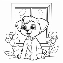 a funny scene where a pet has accidentally broken a window there should also be four leaf clovers in the drawing