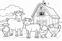 a farm with a cow a horse  a goat a sheep a dog a cat a duck a chicken a pig and a rabbit