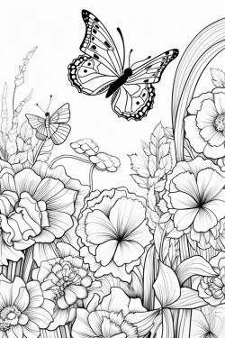 fill the page with butterflies and different varieties of flowers all varying in different sizes