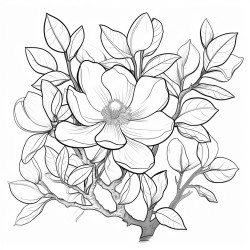 create a blackandwhite coloring page of a magnolia tree in full bloom use bold outlines for large petals and strong branches show flowers at various stages of bloom and add a few leaves keep the background minimal to focus on the tree with open spaces for easy coloring