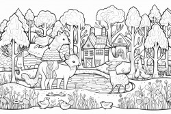majestic trees woodland animals deer foxes owls mushroom patches flowing streams and cozy cabins