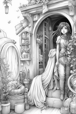 a girl fairy is doing laundry in a fantasy house