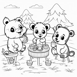 five cute little cartoon animals having a picnic together