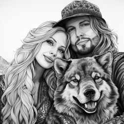 a long haired woman man two big dogs and cat