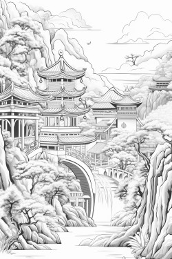 beautiful asian culture scenes for relaxation and zen with only outlines