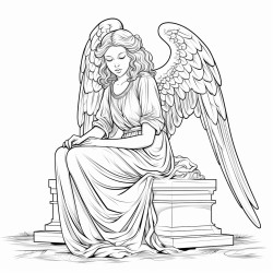 a somber angel with large dark wings kneeling at a gravestone