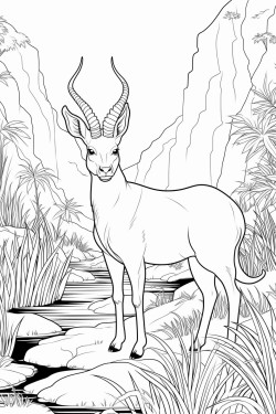 a saola standing quietly near a mountain stream in a forest surrounded by tall grasses and tropical plants