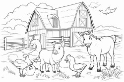 a farm with a cow a horse  a goat a sheep a dog a cat a duck a chicken a pig and a rabbit