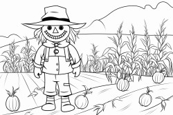 a scarecrow in a field the field on the bottom has some corn leaves and pumpkins