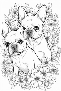 two french bulldogs playing together in a field of flowers