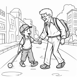 a 3 year old boy helping an old man to cross the road
