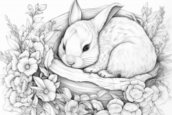 a baby rabbit sleeping in a bed of flowers