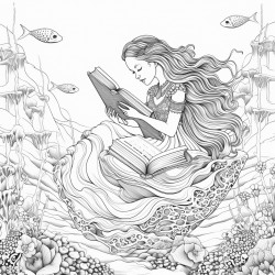 mermaid reading a book underwater on a reef