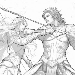 female elf archer with fishtail braid in light armor fighting with male elf in armor holding sword in each hand