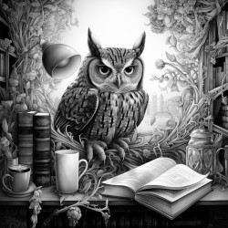 mago con gato y buho en habitacion con libros y artefactos de magia