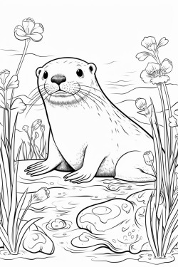 giant river otter playing in the water with its sleek body and joyful expression surrounded by river plants and fish