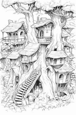 elves village with little treehouses and flying elves