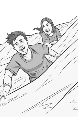 a young woman falling down a sand dune while her boyfriend chases her and laughs