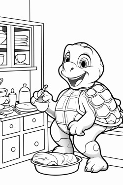 turtle is sitting in a cozy kitchen he eats his breakfast