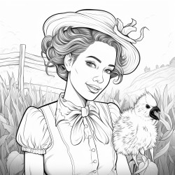 a beautiful country woman with check shirt and a hairbun leaning against a scarecrow