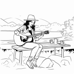 silhouette style women in a baseball cap playing ukulele at a picnic table