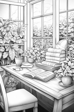 a desk with an open laptop a coffee cup books and a potted plant the window shows a sunset