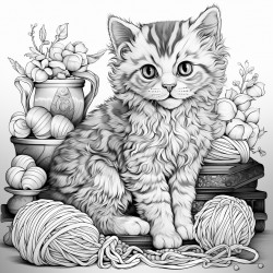 cute cat playing with a ball of yarn with intricate patterns all over the image