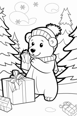 a cute polar bear wearing a santa hat sitting on snow holding a gift box the background is a snowy winter wonderland with snowcovered trees and a sunset fullbody view diagonal pose in a playful cartoon style