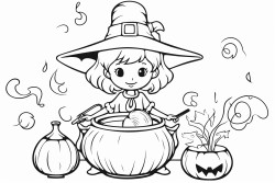 a retro pumpkin dresses as a witch stirring a cauldron with a spoon in a room full of potions