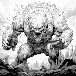 monster made of lava shooting a lava minigun