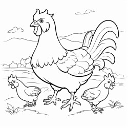 a family of chickens pecking at the ground