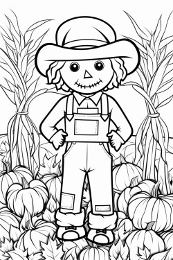 fall coloring page hay bales scarecrow leaves trees cat