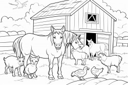 generate a colouring page themed around a farmyard with chicken zebras cattle dogs and cats