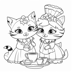 cat tea party wearing pretty dresses and sun bonnets
