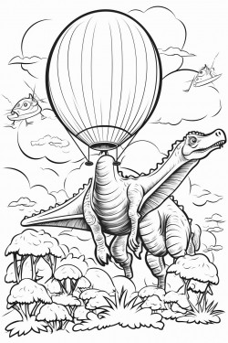 a dinosaurs world a balloon aircraft in the sky accurate and richly detailed graphics cartoon style