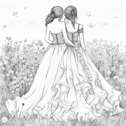 the back of two brides in wedding dresses in a field of flowers